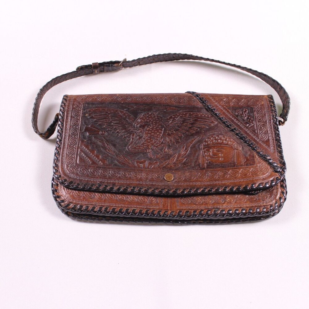 Vintage Hand-Tooled Mexican Leather Shoulder Bag - Aztec & Eagle Motif